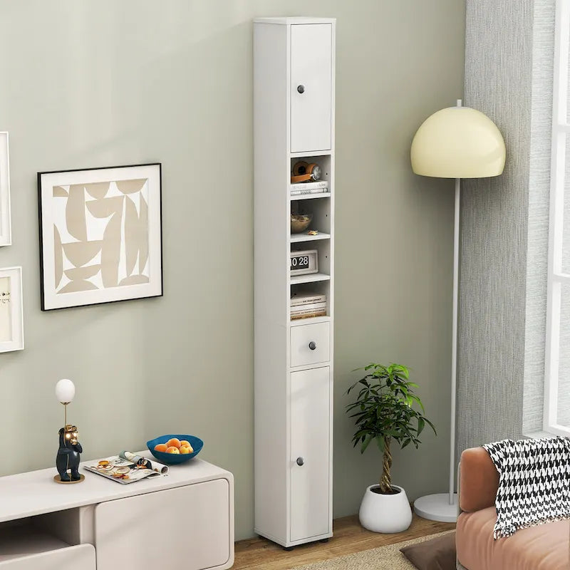 Meuble de rangement haut et étroit pour salle de bain, tour à linge avec tiroir et