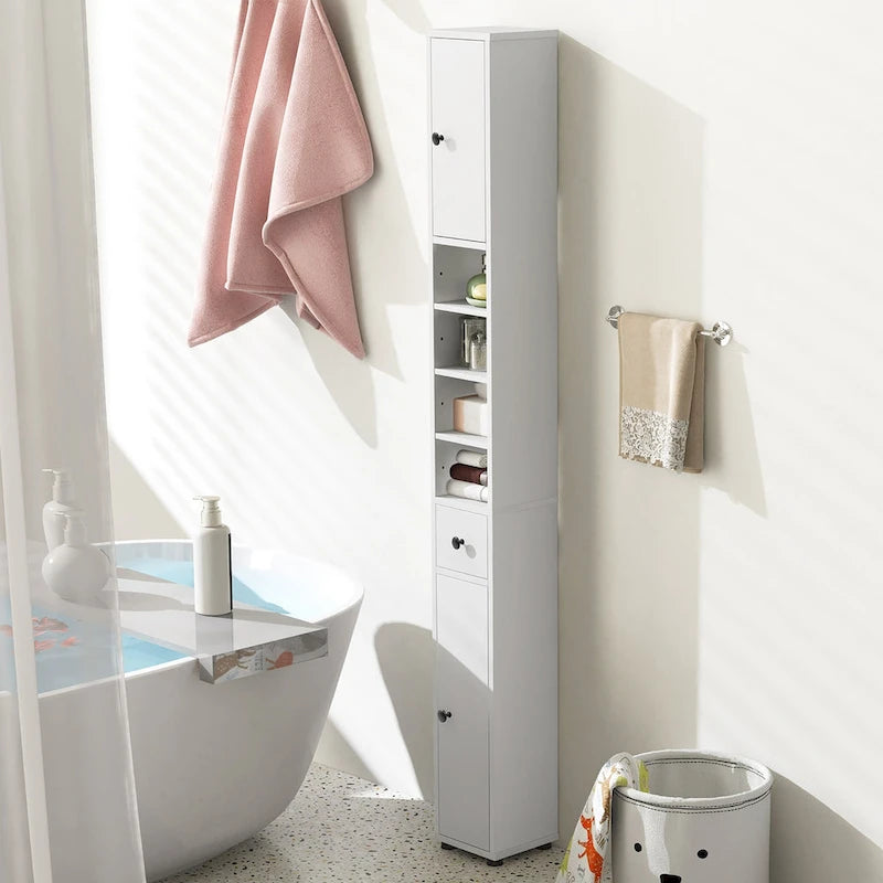 Meuble de rangement haut et étroit pour salle de bain, tour à linge avec tiroir et