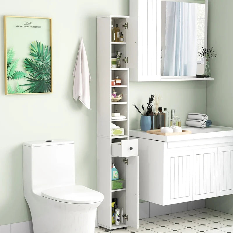 Meuble de rangement haut et étroit pour salle de bain, tour à linge avec tiroir et