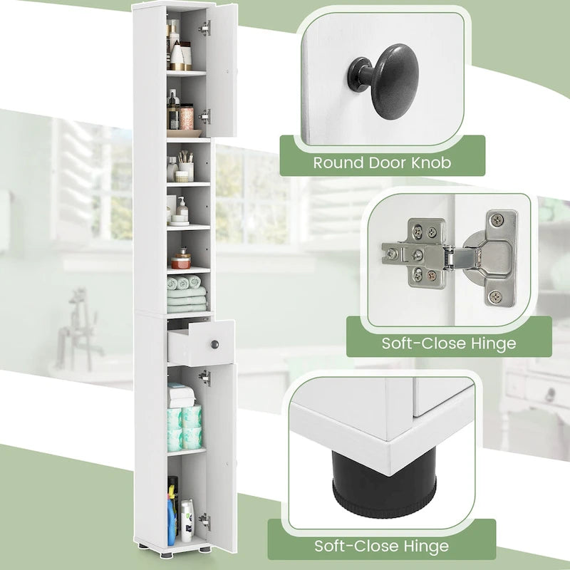 Meuble de rangement haut et étroit pour salle de bain, tour à linge avec tiroir et