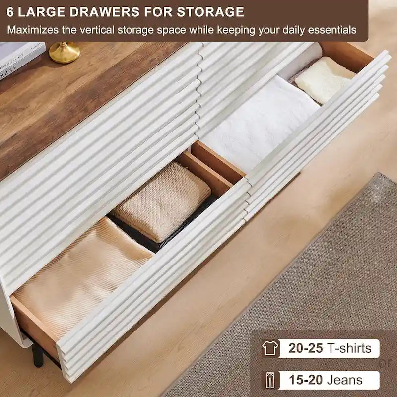 Commode moderne du milieu du siècle à 6 tiroirs, en bois cannelé