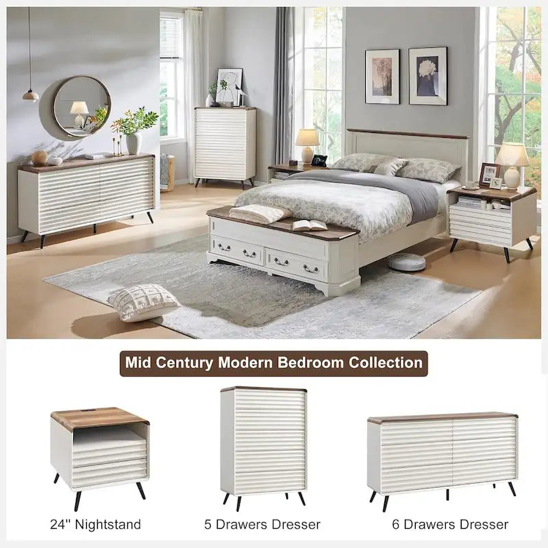 Commode moderne du milieu du siècle à 6 tiroirs, en bois cannelé