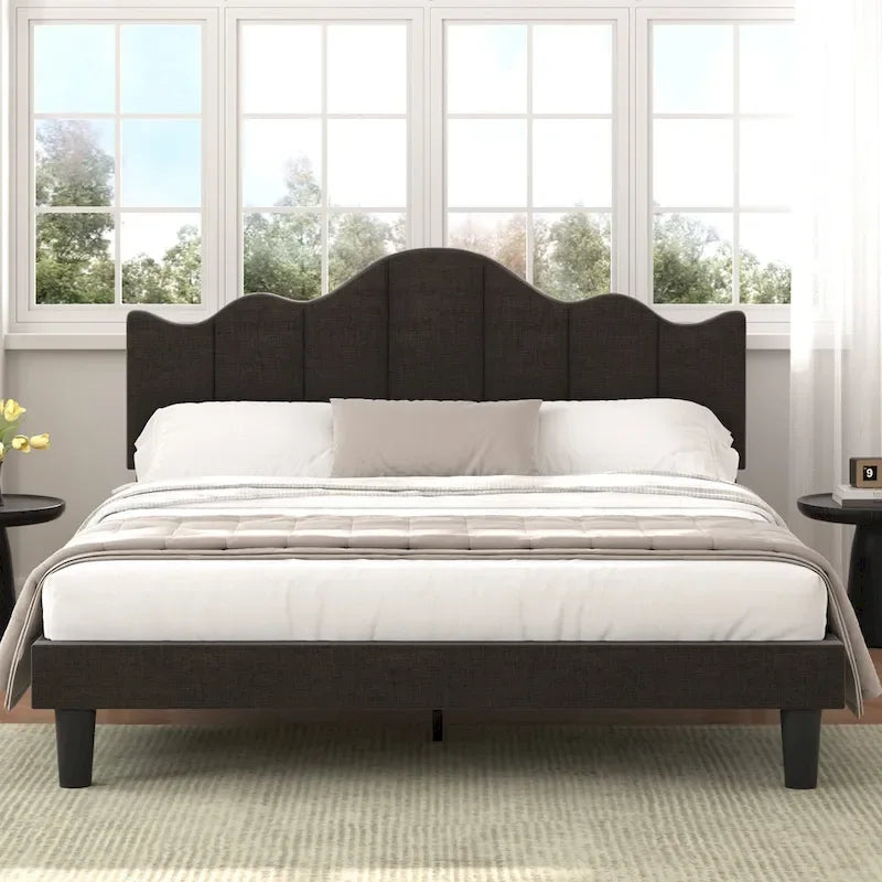 VECELO Modern Upholstered Platform Bed with Adjustable Headboard, Dark Blue/ White/ Grey/ Beige Bed Frames