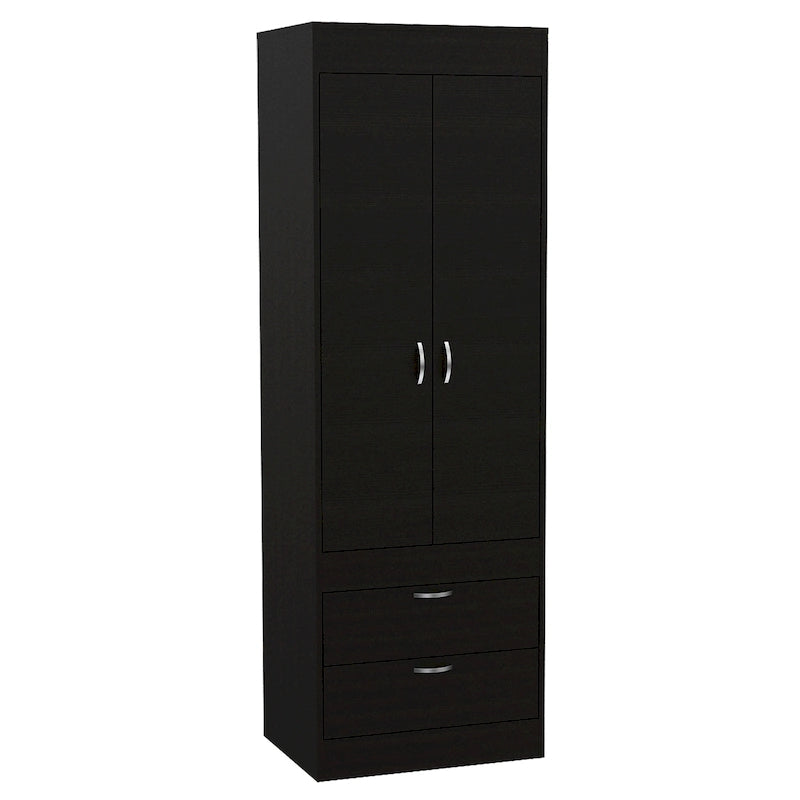 Armoire avec deux portes, deux tiroirs et une tringle de suspension