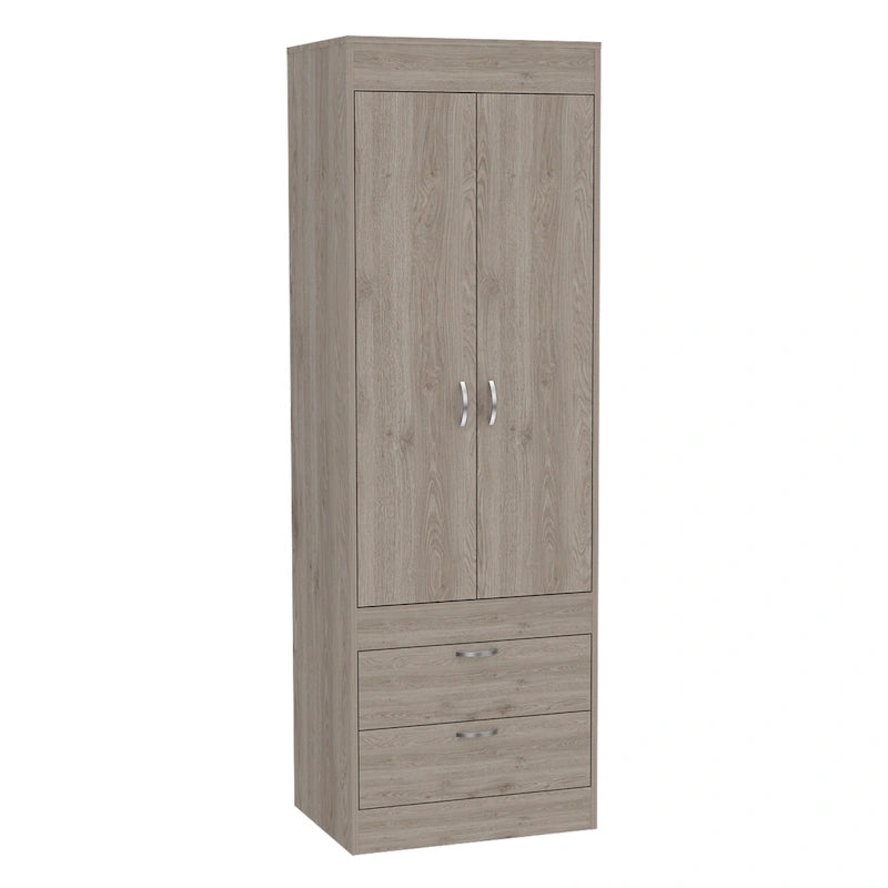 Armoire avec deux portes, deux tiroirs et une tringle de suspension