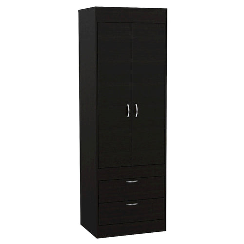 Armoire avec deux portes, deux tiroirs et une tringle de suspension