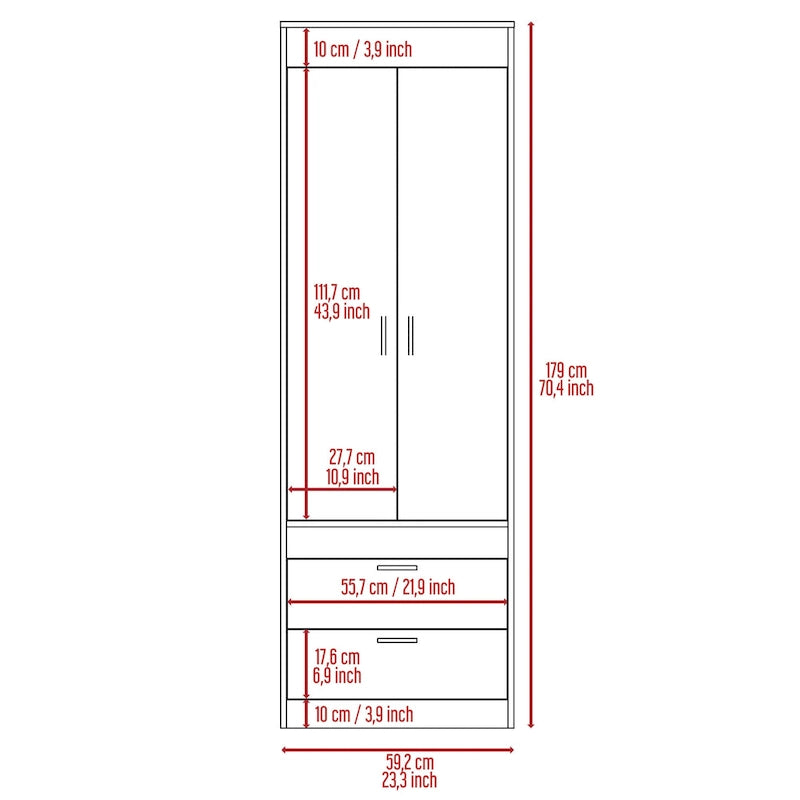 Armoire avec deux portes, deux tiroirs et une tringle de suspension