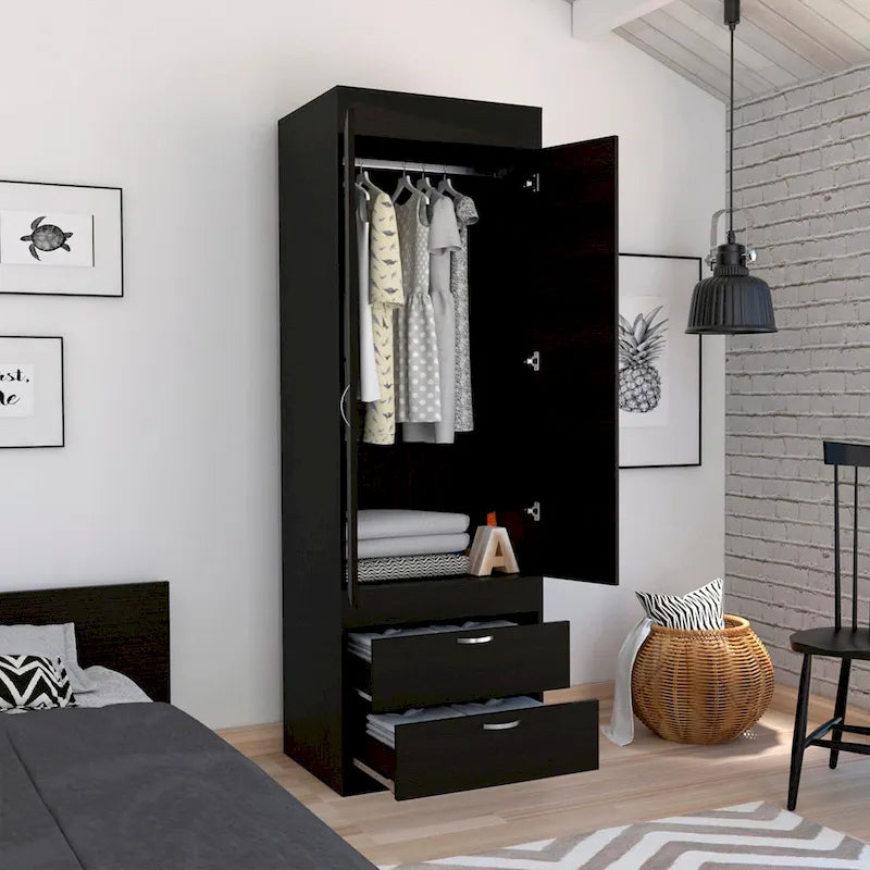 Armoire avec deux portes, deux tiroirs et une tringle de suspension
