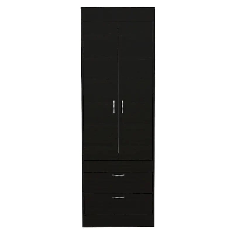 Armoire avec deux portes, deux tiroirs et une tringle de suspension