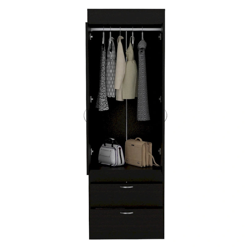 Armoire avec deux portes, deux tiroirs et une tringle de suspension