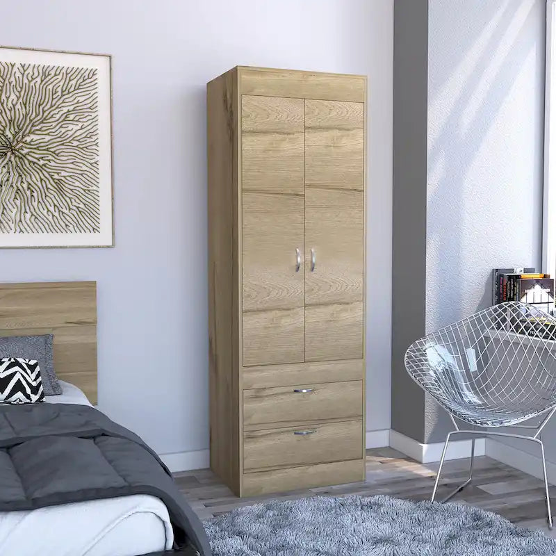 Armoire avec deux portes, deux tiroirs et une tringle de suspension