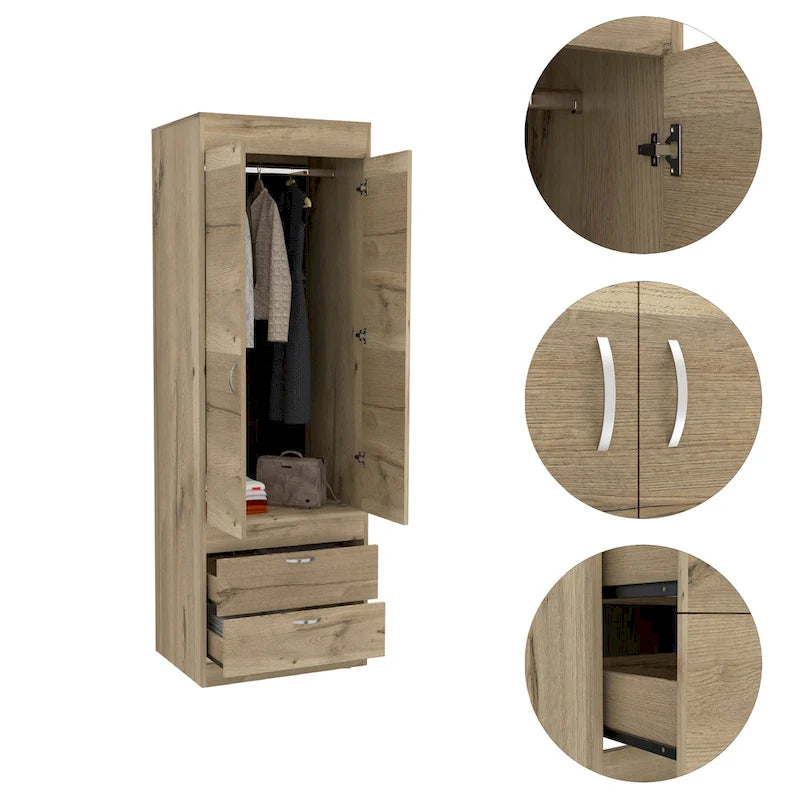 Armoire avec deux portes, deux tiroirs et une tringle de suspension