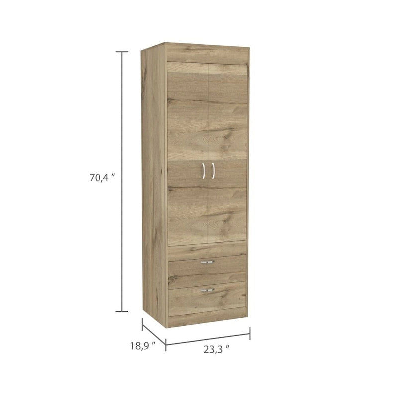 Armoire avec deux portes, deux tiroirs et une tringle de suspension