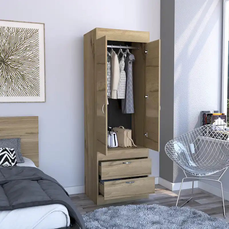 Armoire avec deux portes, deux tiroirs et une tringle de suspension