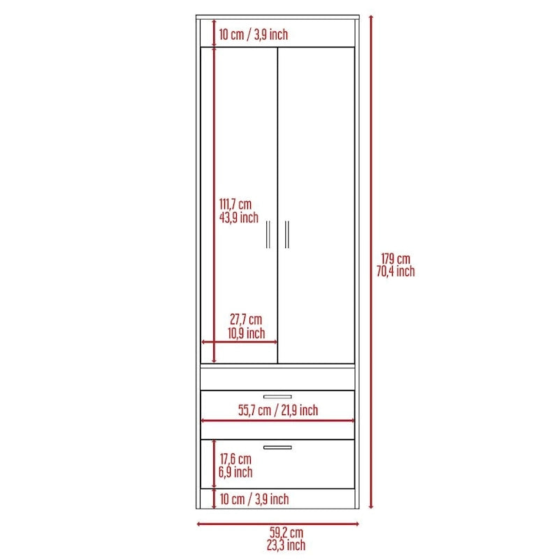Armoire avec deux portes, deux tiroirs et une tringle de suspension