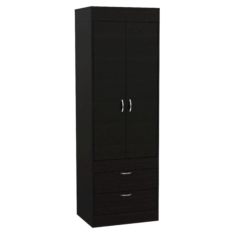 Armoire avec deux portes, deux tiroirs et une tringle de suspension