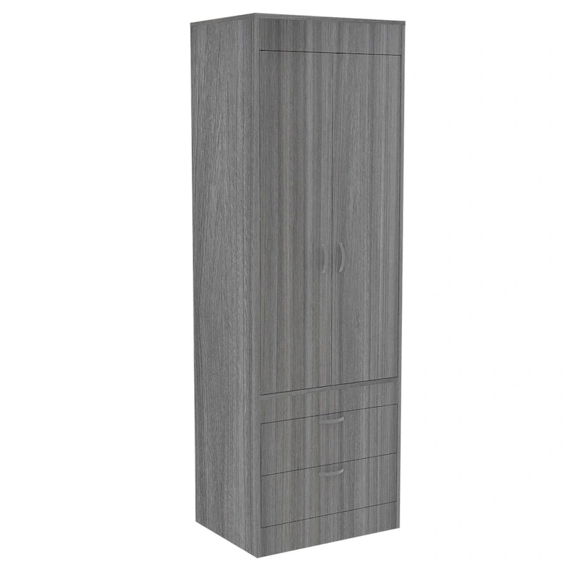 Armoire avec deux portes, deux tiroirs et une tringle de suspension