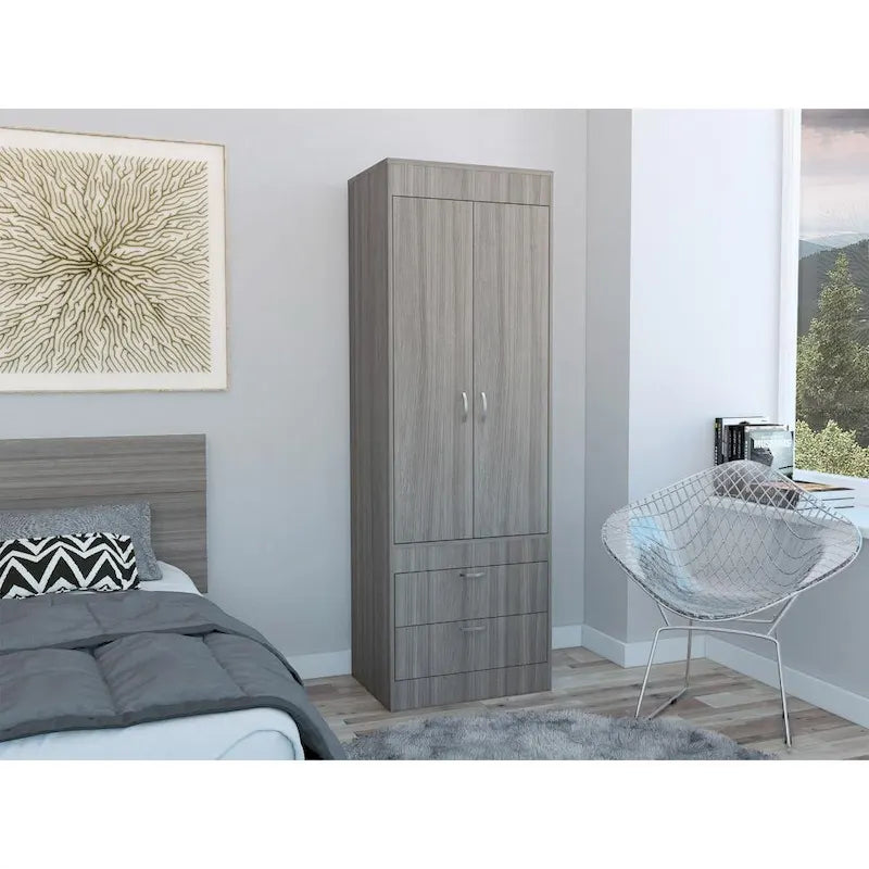 Armoire avec deux portes, deux tiroirs et une tringle de suspension