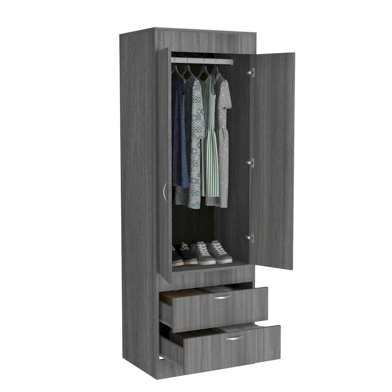Armoire avec deux portes, deux tiroirs et une tringle de suspension