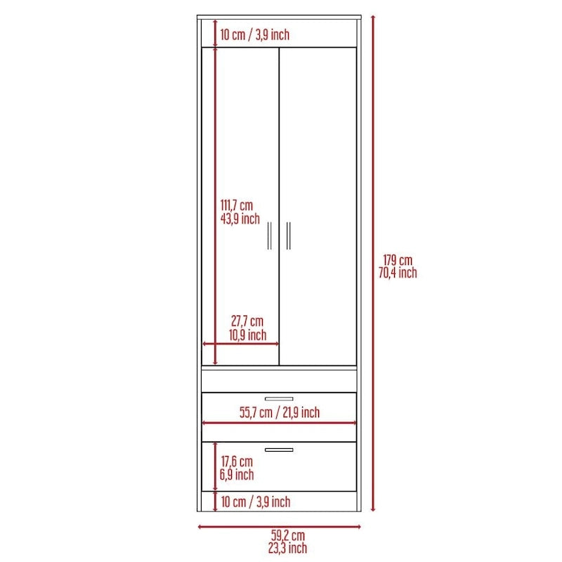 Armoire avec deux portes, deux tiroirs et une tringle de suspension