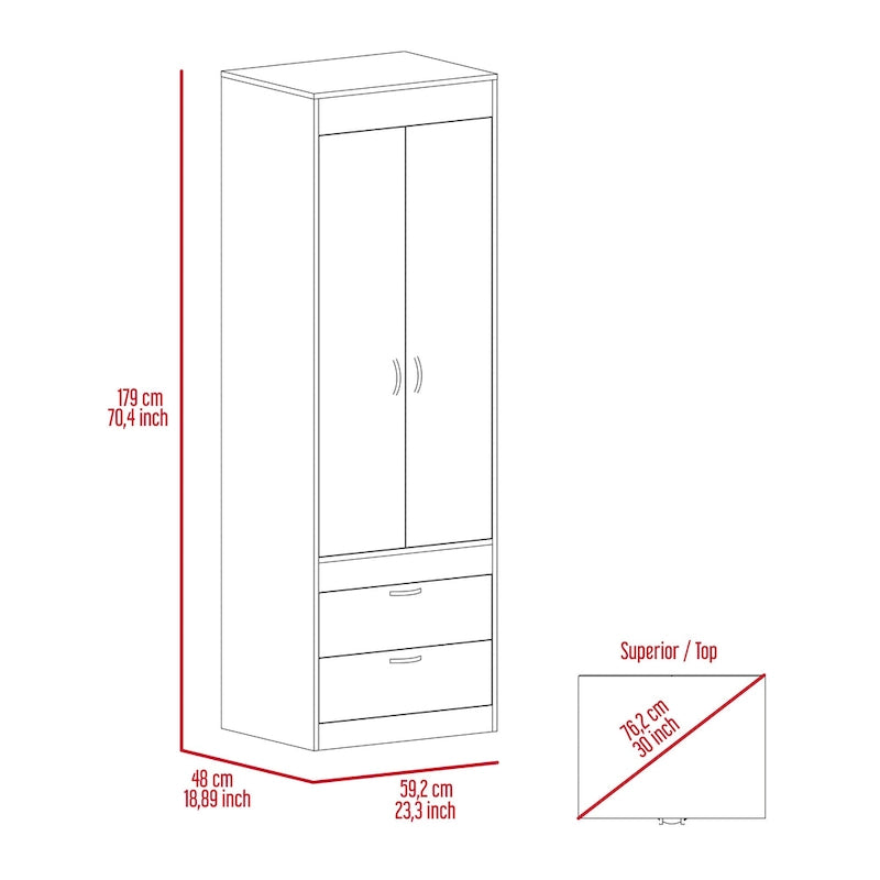 Armoire avec deux portes, deux tiroirs et une tringle de suspension