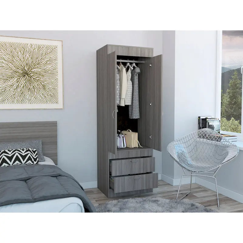 Armoire avec deux portes, deux tiroirs et une tringle de suspension