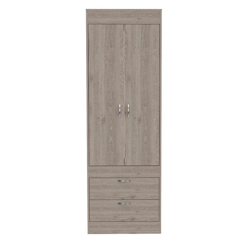 Armoire avec deux portes, deux tiroirs et une tringle de suspension