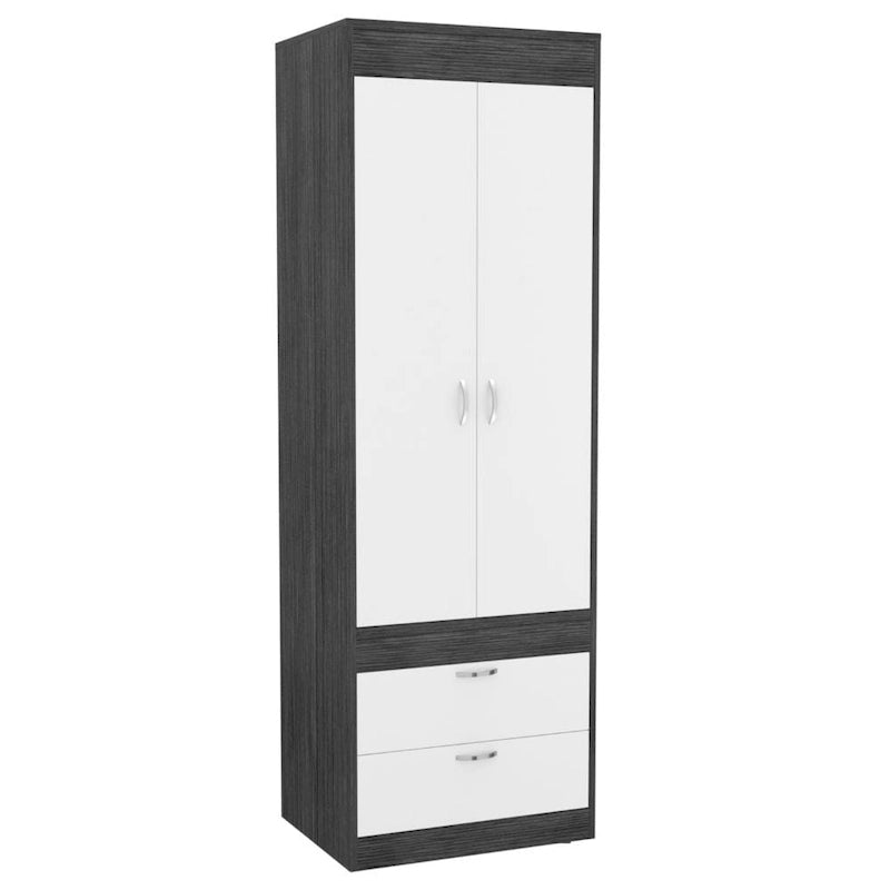 Armoire avec deux portes, deux tiroirs et une tringle de suspension