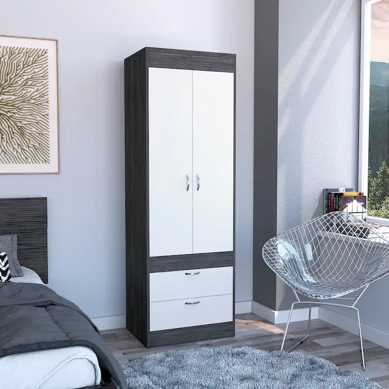 Armoire avec deux portes, deux tiroirs et une tringle de suspension