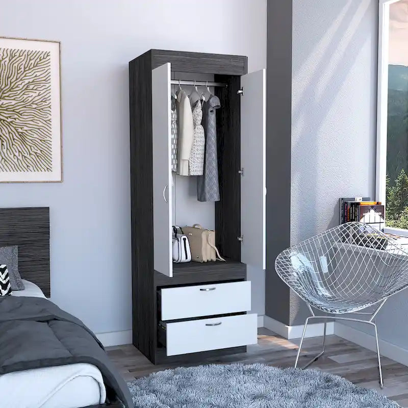 Armoire avec deux portes, deux tiroirs et une tringle de suspension