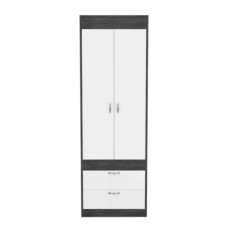 Armoire avec deux portes, deux tiroirs et une tringle de suspension