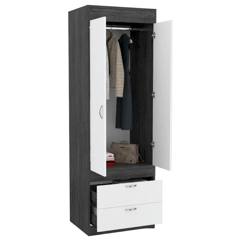 Armoire avec deux portes, deux tiroirs et une tringle de suspension
