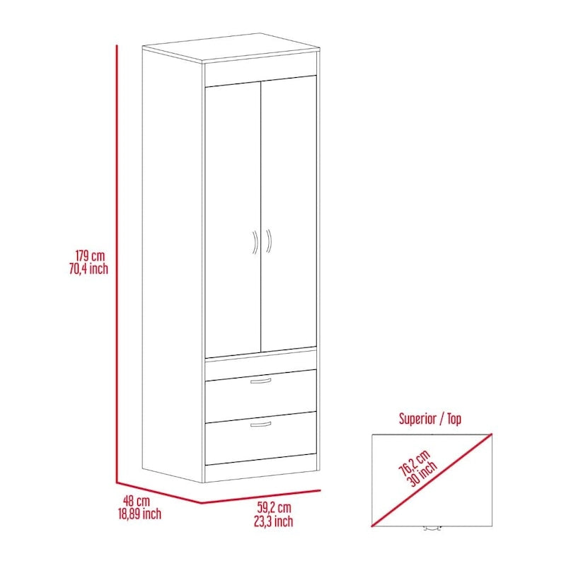 Armoire avec deux portes, deux tiroirs et une tringle de suspension