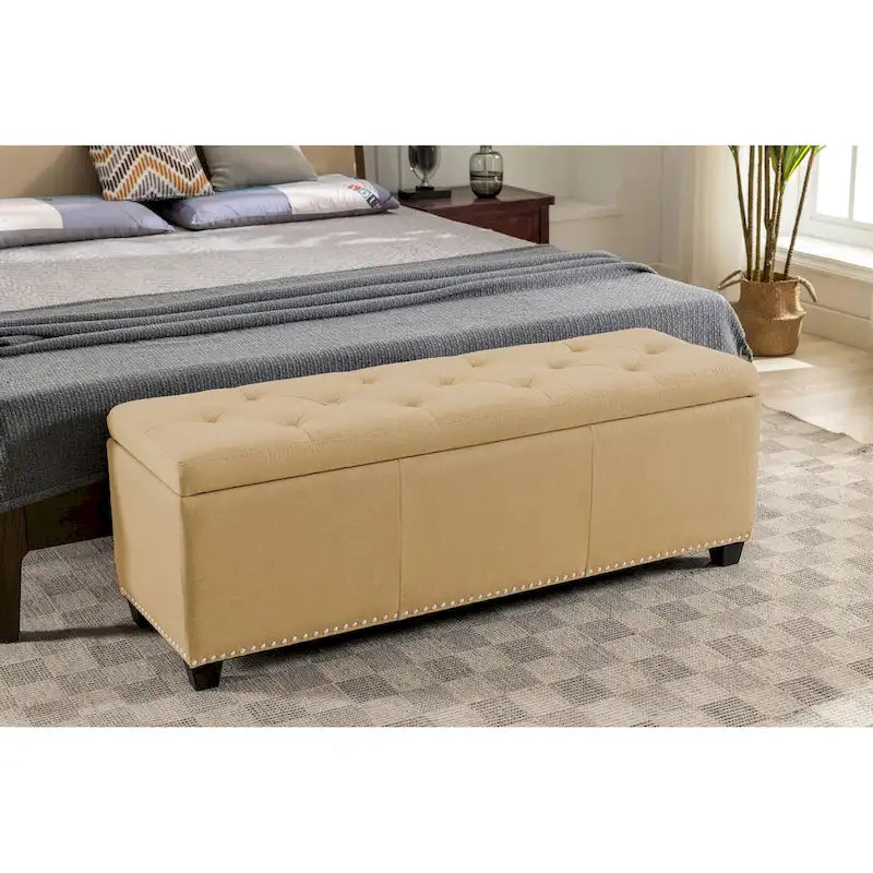 Banc coffre de rangement capitonné en tissu avec couvercle rabattable