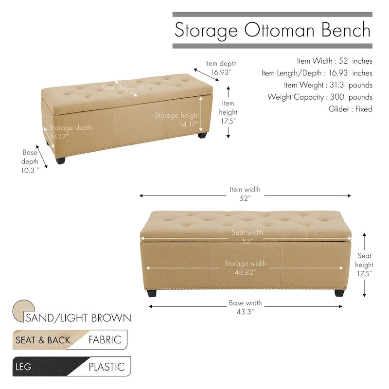 Banc coffre de rangement capitonné en tissu avec couvercle rabattable