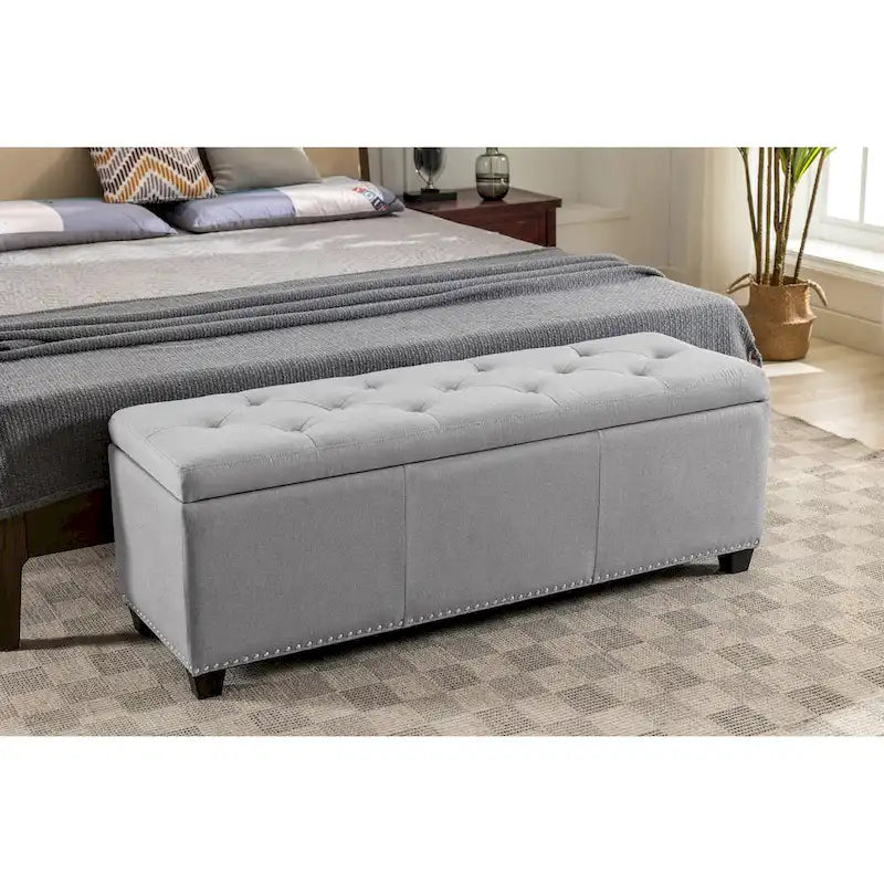 Banc coffre de rangement capitonné en tissu avec couvercle rabattable