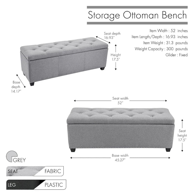 Banc coffre de rangement capitonné en tissu avec couvercle rabattable