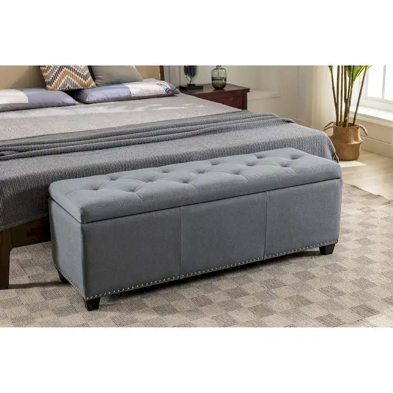 Banc coffre de rangement capitonné en tissu avec couvercle rabattable
