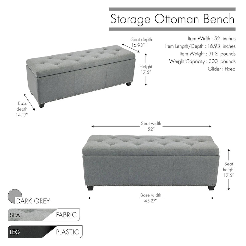 Banc coffre de rangement capitonné en tissu avec couvercle rabattable