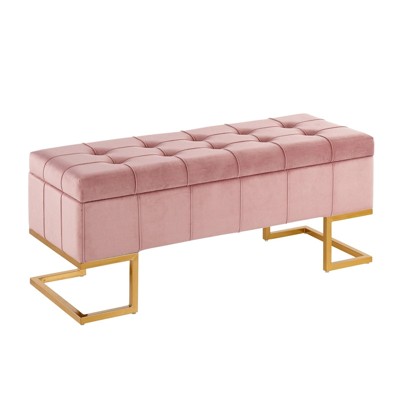 Banc de rangement en velours avec couvercle à charnière