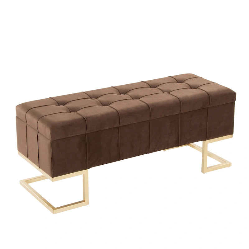 Banc de rangement en velours avec couvercle à charnière