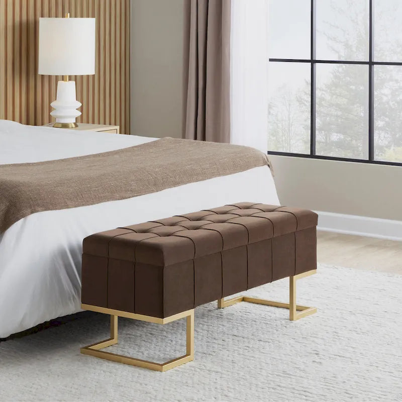 Banc de rangement en velours avec couvercle à charnière