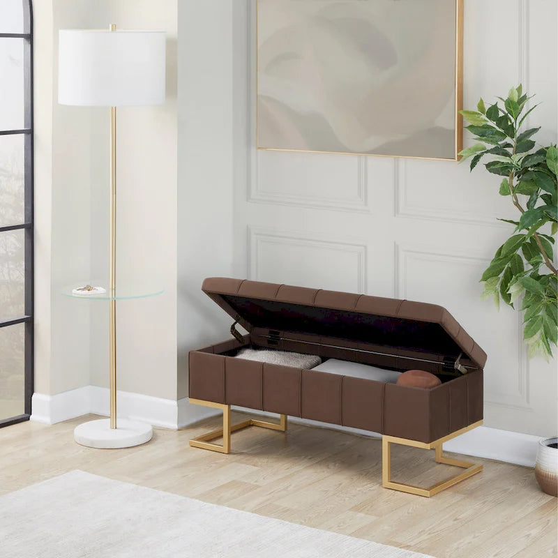 Banc de rangement en velours avec couvercle à charnière