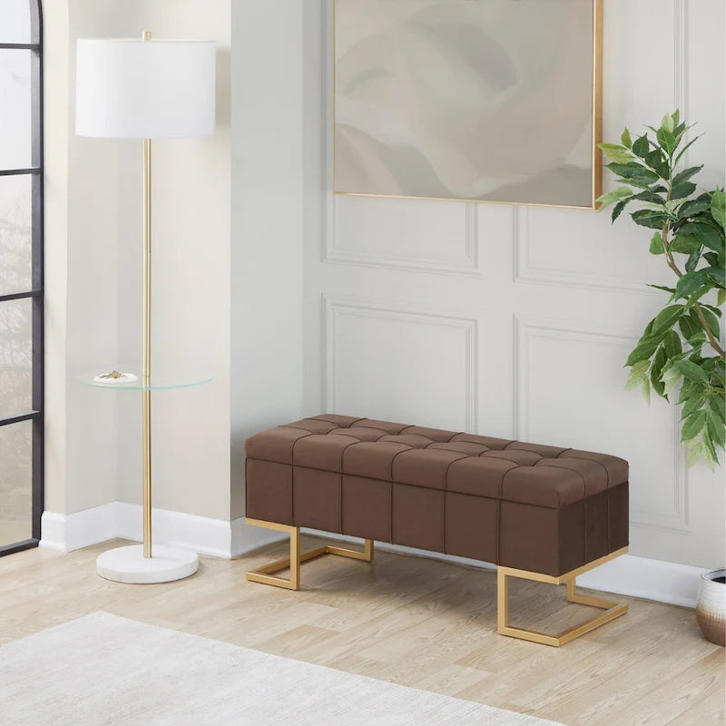 Banc de rangement en velours avec couvercle à charnière