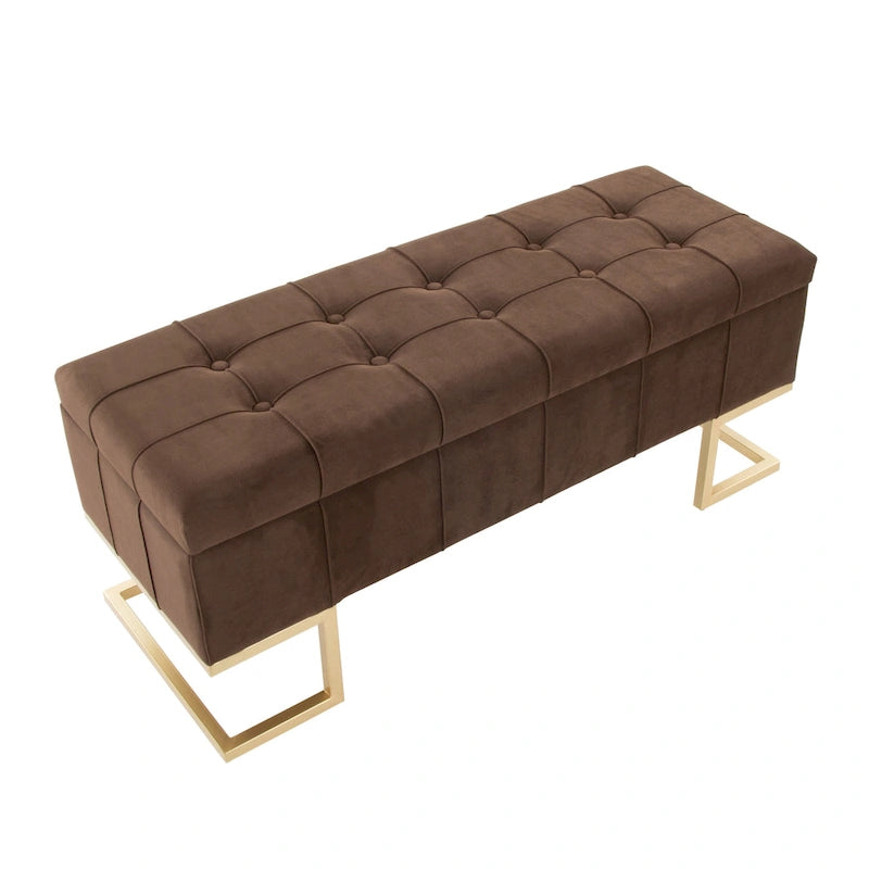 Banc de rangement en velours avec couvercle à charnière
