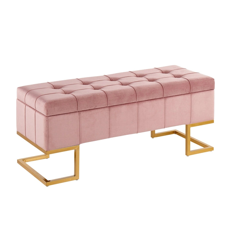 Banc de rangement en velours avec couvercle à charnière