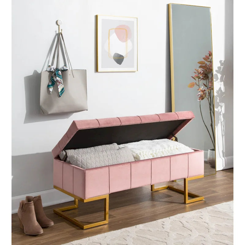 Banc de rangement en velours avec couvercle à charnière