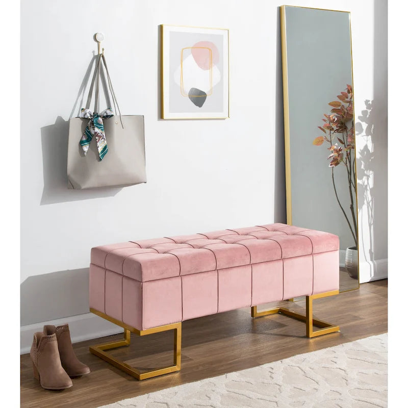 Banc de rangement en velours avec couvercle à charnière