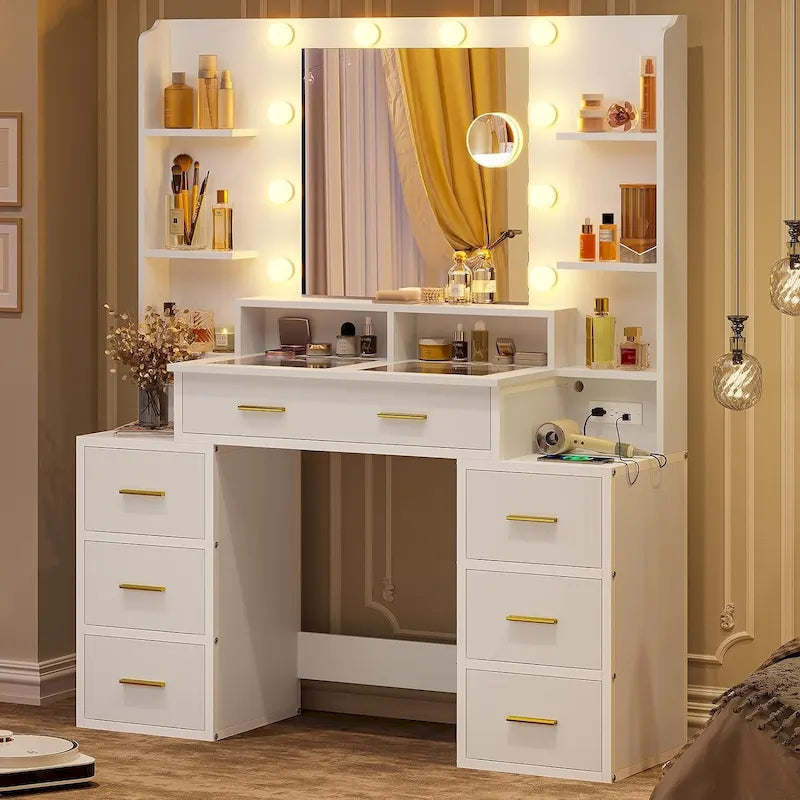 Coiffeuse avec miroir grossissant 10x dessus en verre
