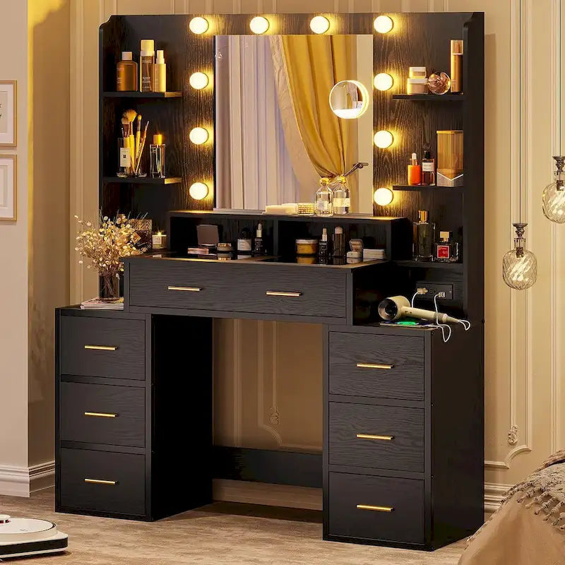 Coiffeuse avec miroir grossissant 10x dessus en verre